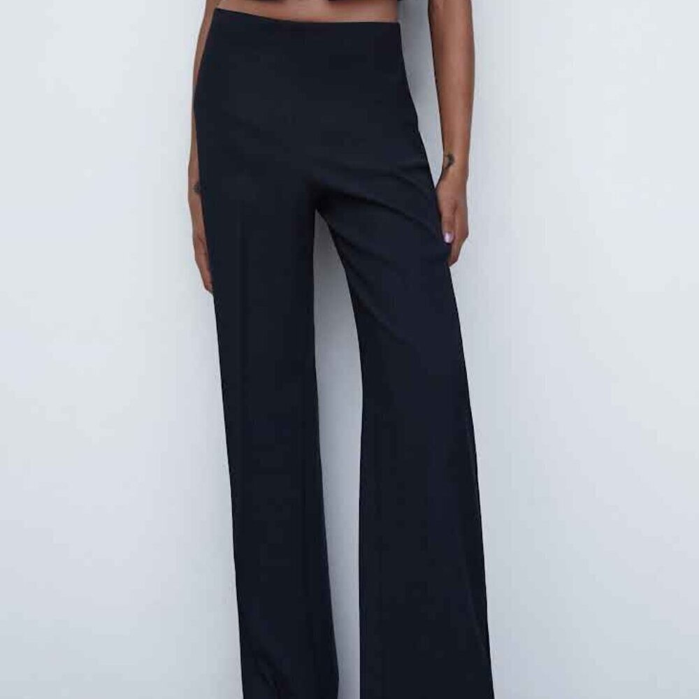 Mango Women's Wide Leg Trouser Pants Size 12 in Black Business Casual